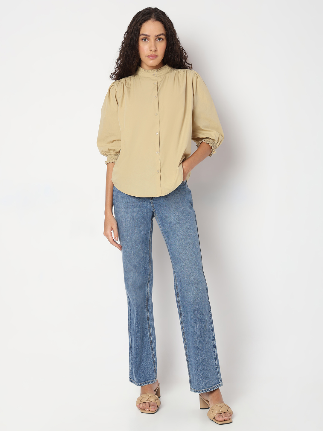 Vero Moda Women Solid Beige Top