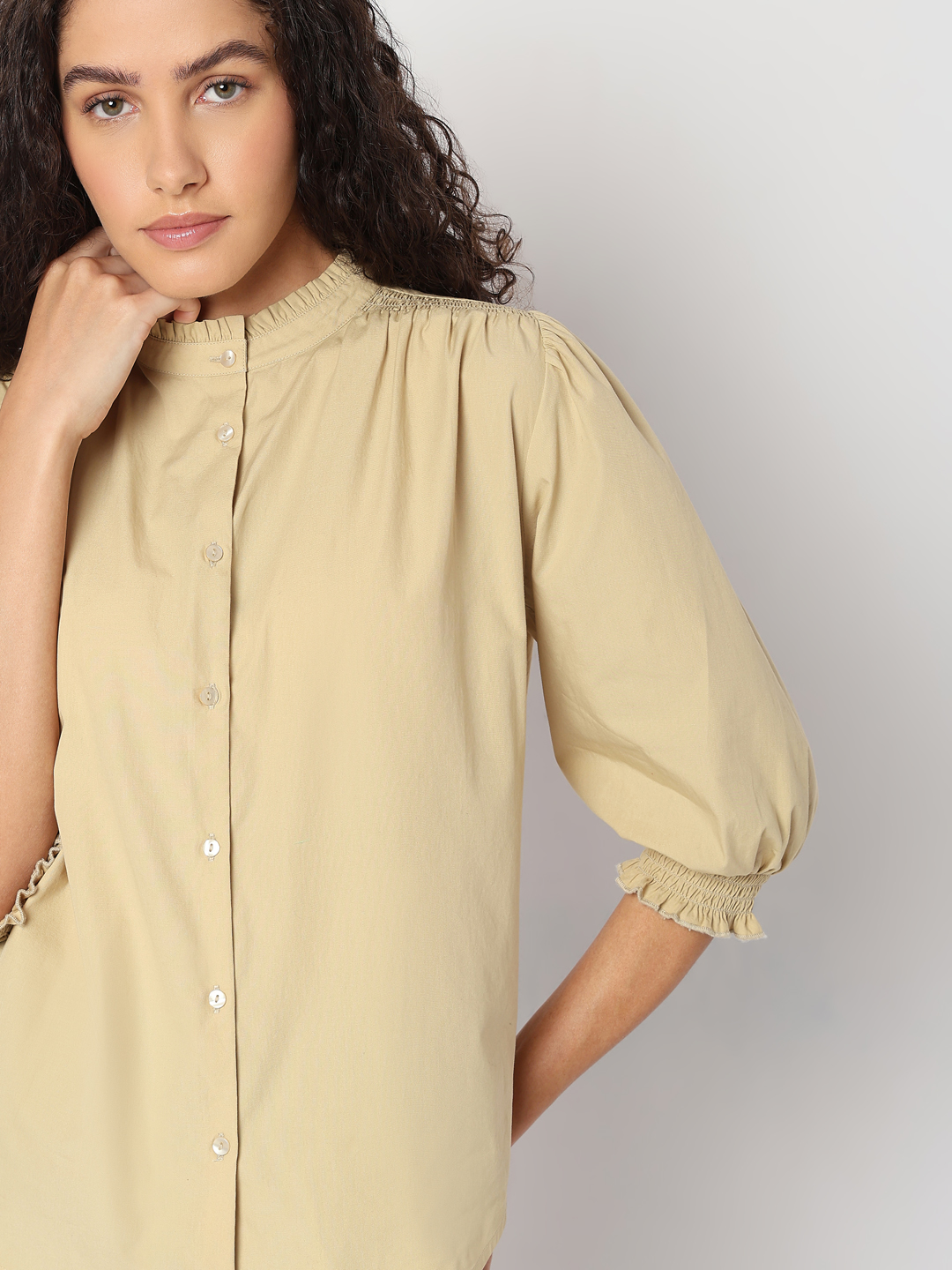 Vero Moda Women Solid Beige Top