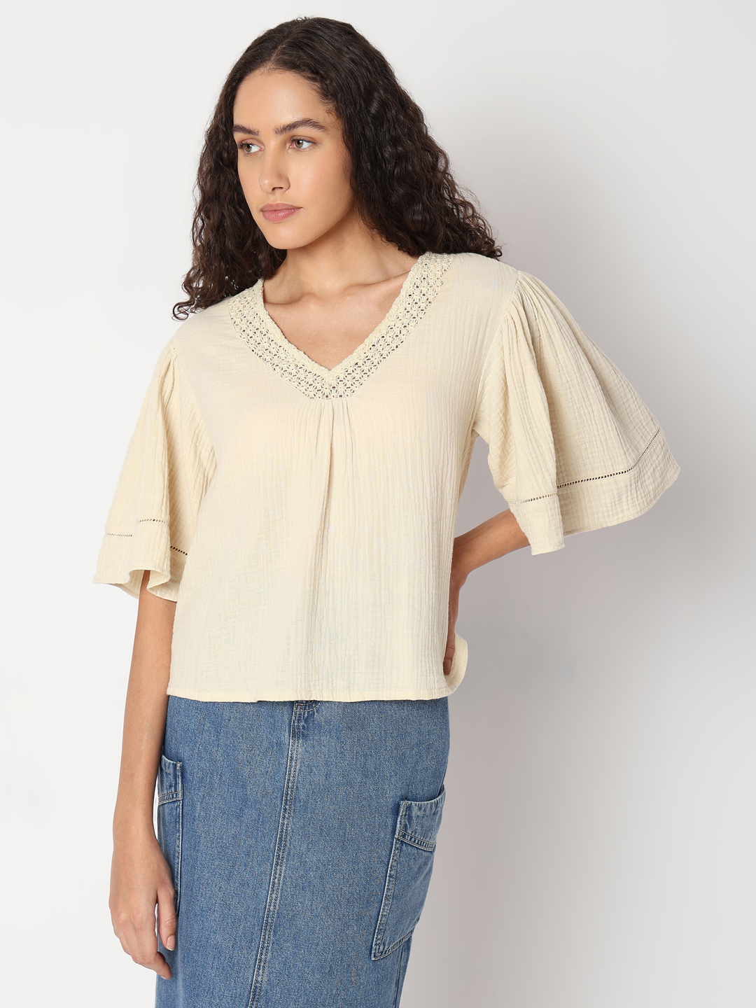 Vero Moda Women Solid Beige Top