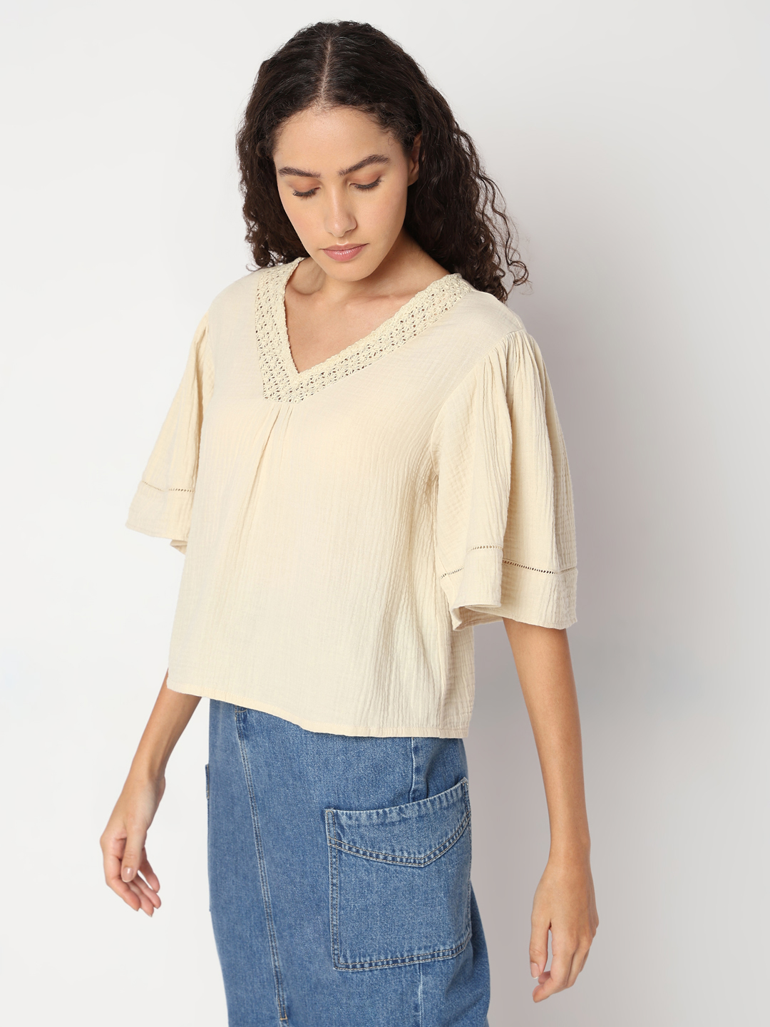 Vero Moda Women Solid Beige Top