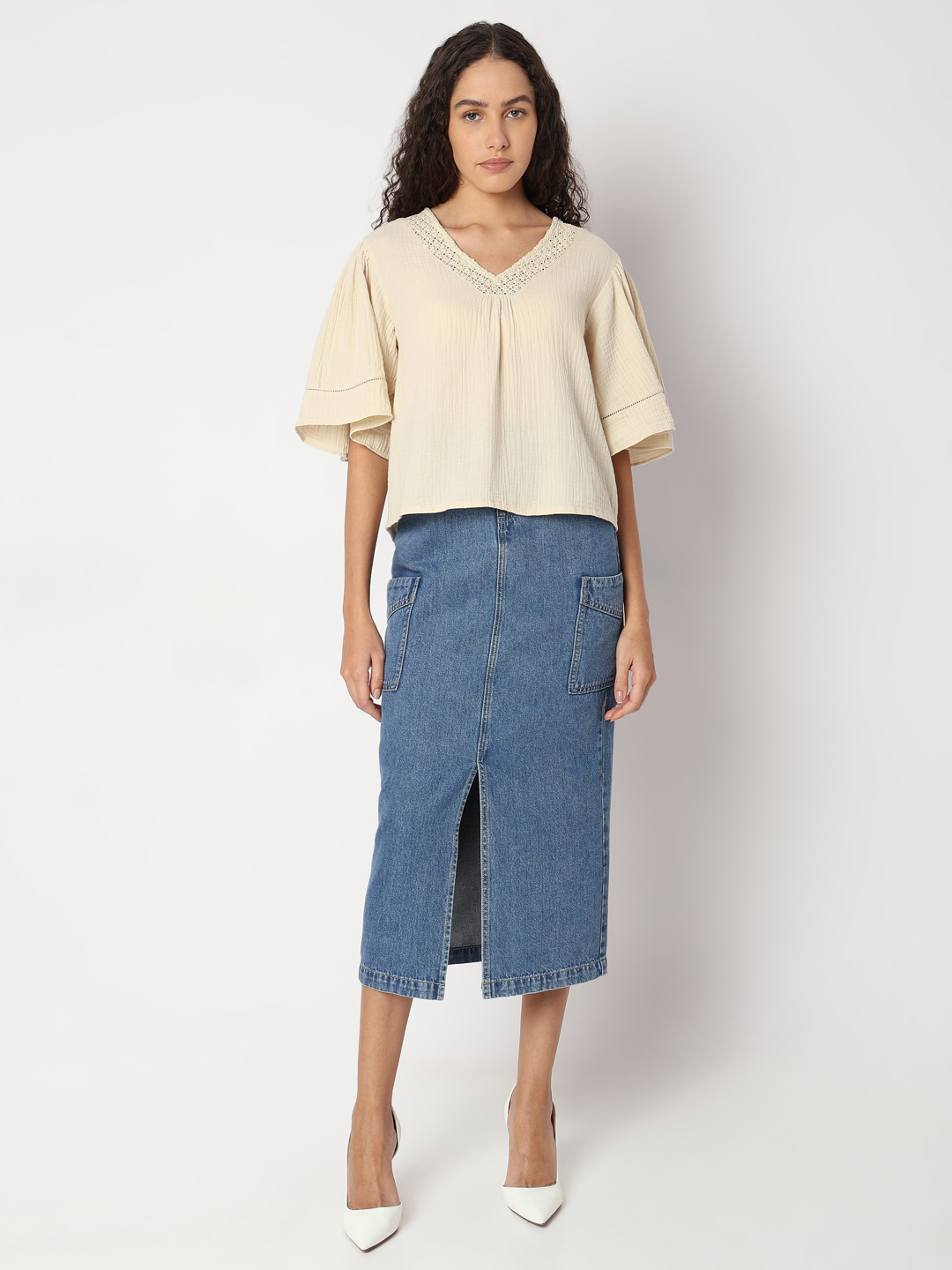 Vero Moda Women Solid Beige Top