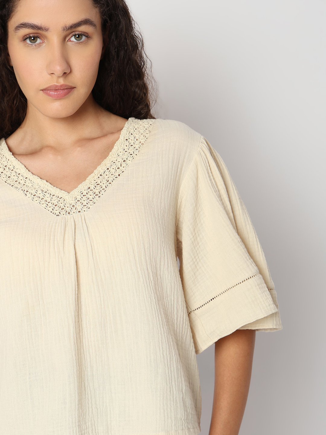 Vero Moda Women Solid Beige Top